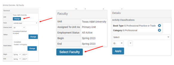 Activity reports (by faculty), Step Three.