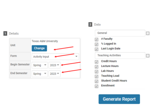 Activity reports (by faculty), Step Two.